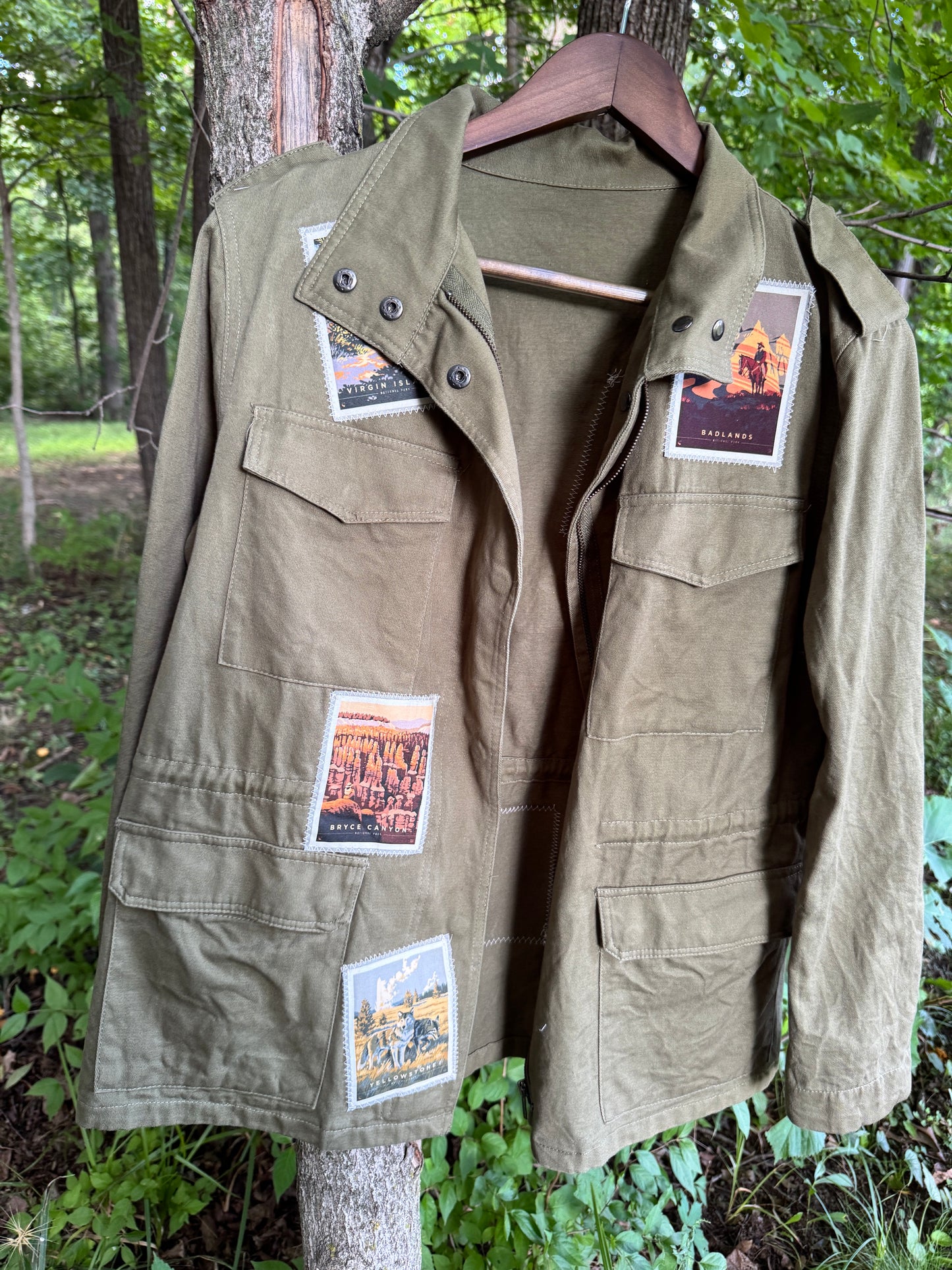 Green National Parks Canvas Olive Jacket - Vintage americana Patch Jacket - One-of-a-kind Wearable Art