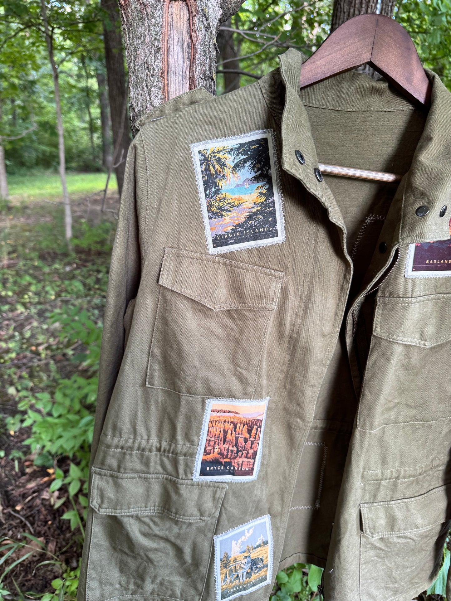 Green National Parks Canvas Olive Jacket - Vintage americana Patch Jacket - One-of-a-kind Wearable Art