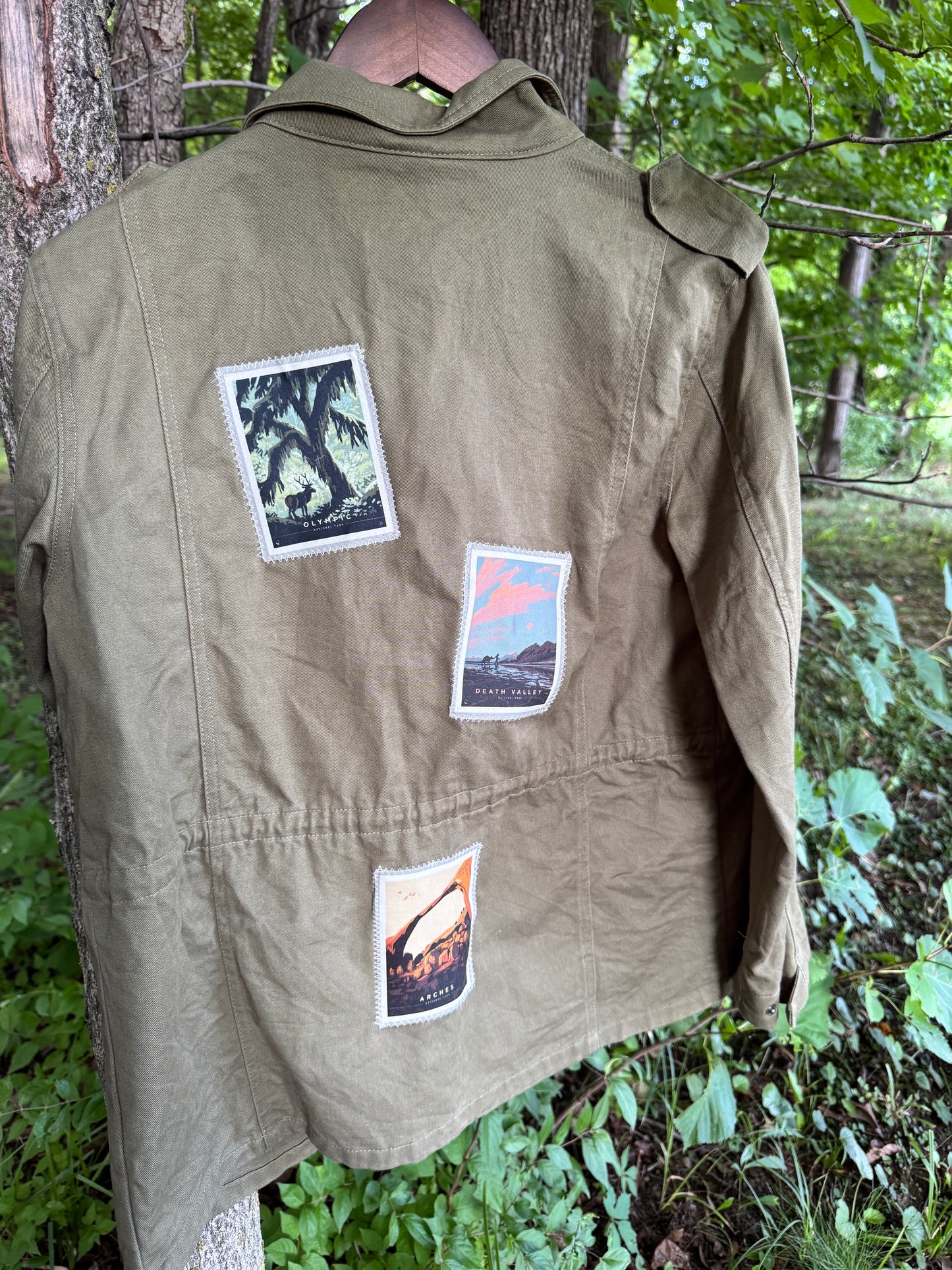 Green National Parks Canvas Olive Jacket - Vintage americana Patch Jacket - One-of-a-kind Wearable Art