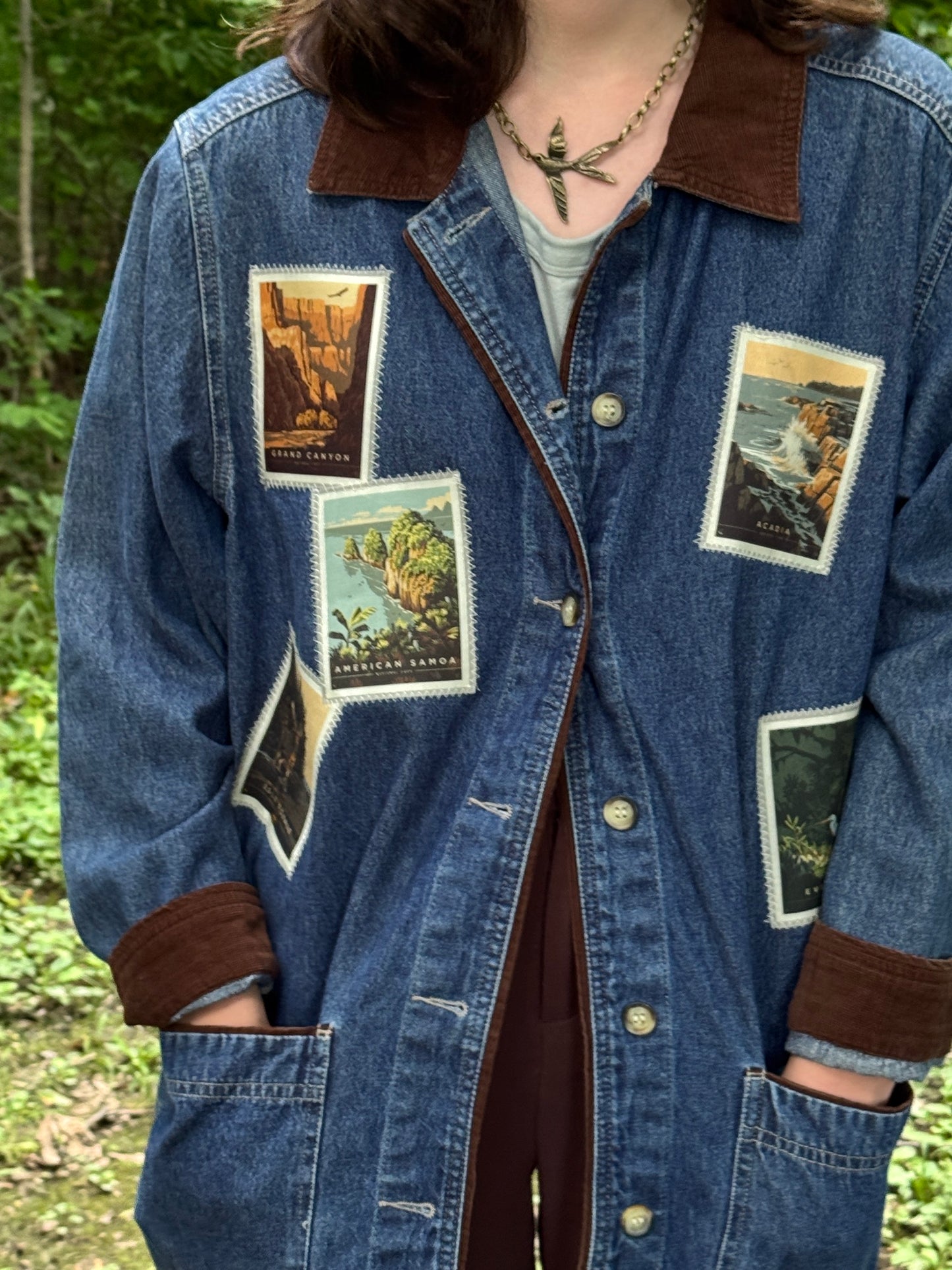 Upcycled National Parks Denim Jacket - Vintage americana Patch Jacket - One-of-a-kind Wearable Art