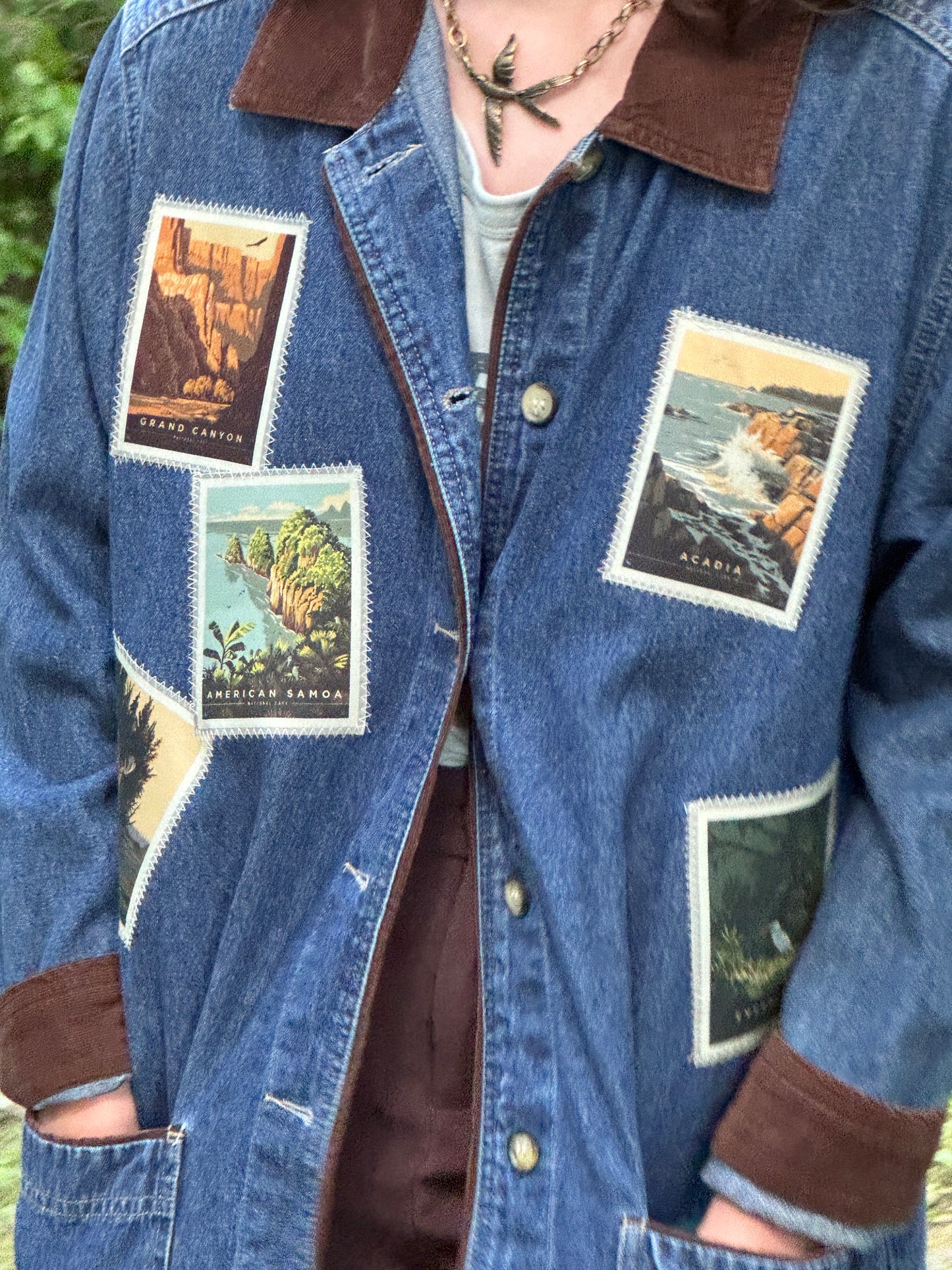 Upcycled National Parks Denim Jacket - Vintage americana Patch Jacket - One-of-a-kind Wearable Art