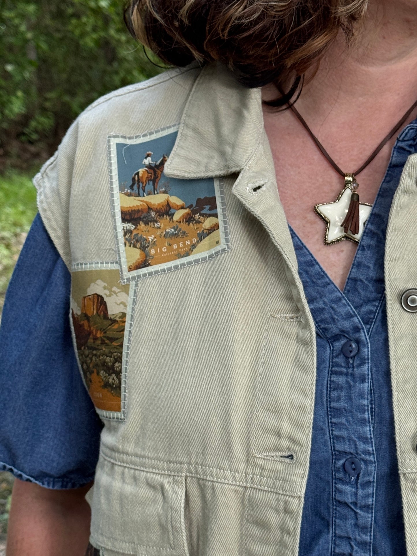 Upcycled National Parks Cream Denim Vest - Vintage americana Patch vest - One-of-a-kind Wearable Art