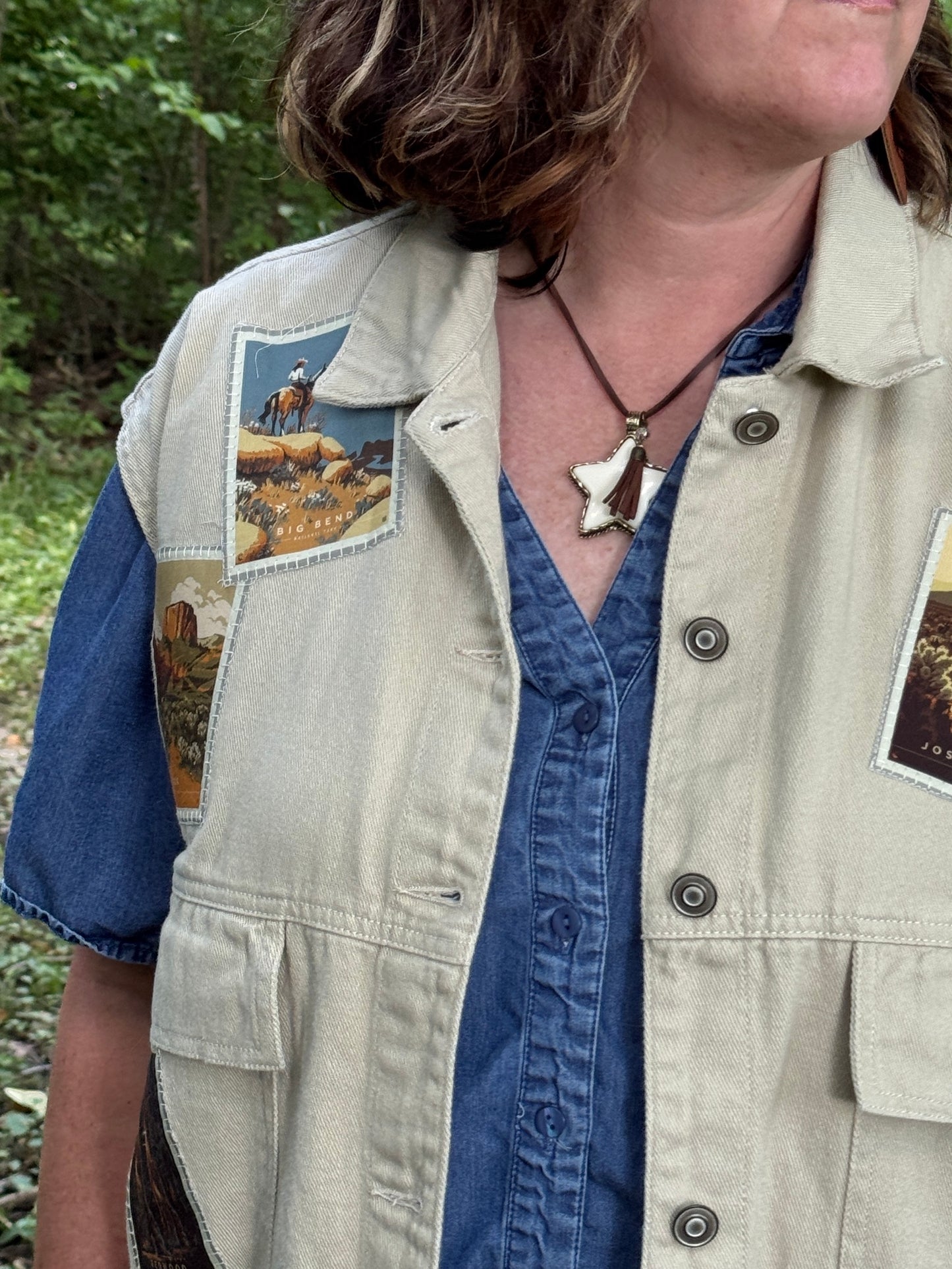 Upcycled National Parks Cream Denim Vest - Vintage americana Patch vest - One-of-a-kind Wearable Art