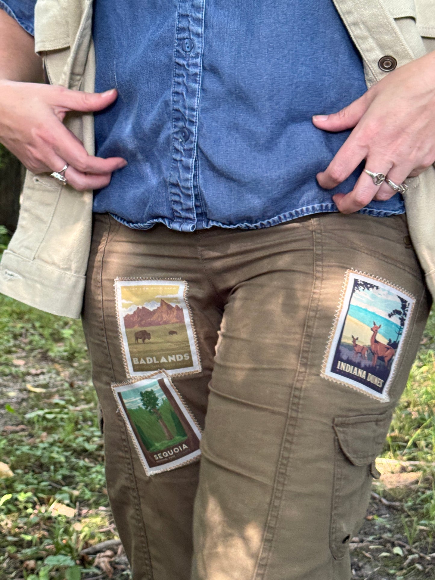 Free People Dupe National Parks Olive Green Cargo Pants- Vintage americana Patch vest - One-of-a-kind Wearable Art