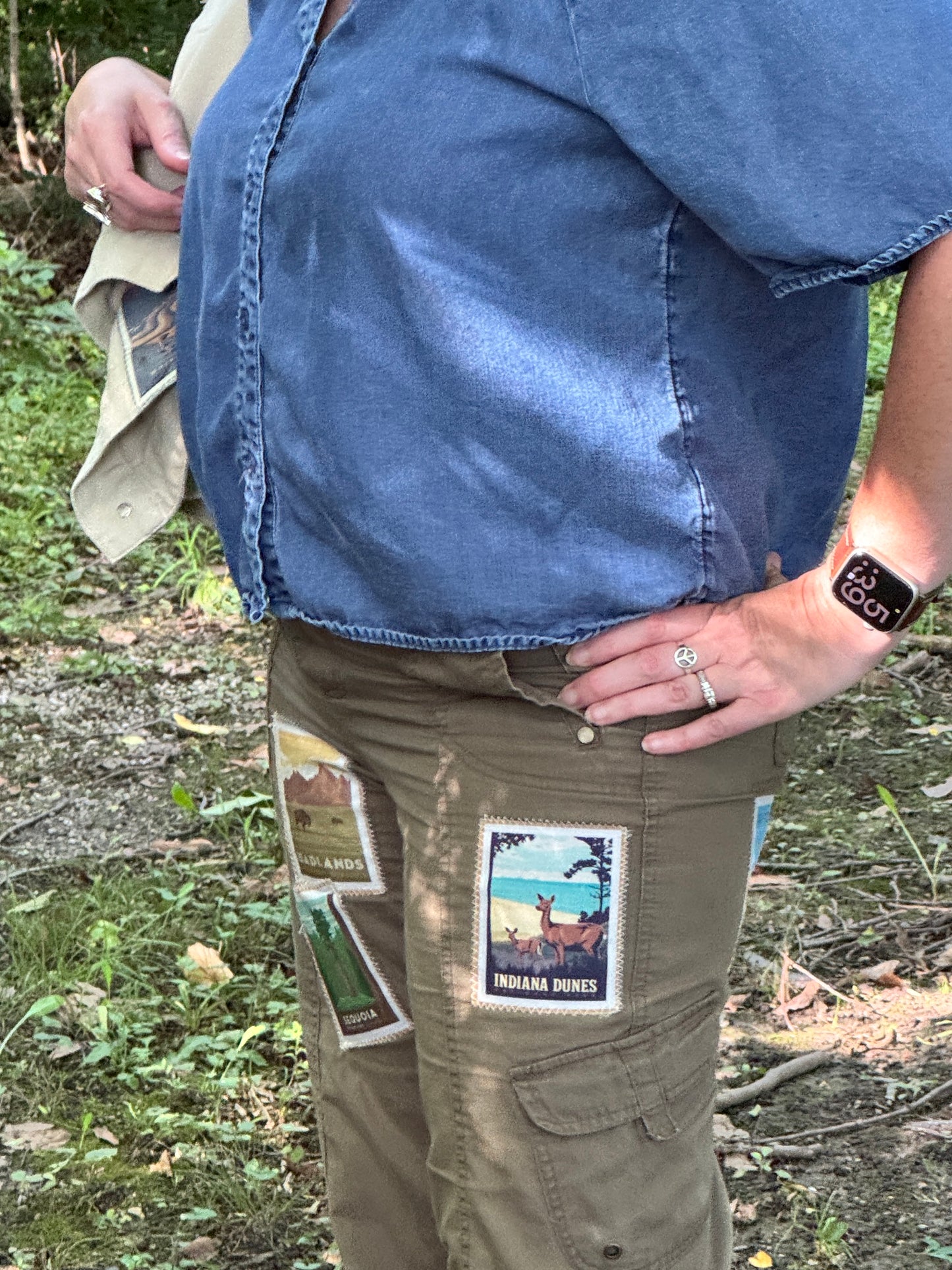 Free People Dupe National Parks Olive Green Cargo Pants- Vintage americana Patch vest - One-of-a-kind Wearable Art