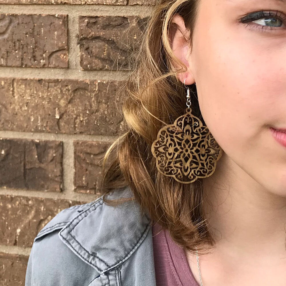 Bohemian Birch Wood Medallion Earrings, Natural Boho