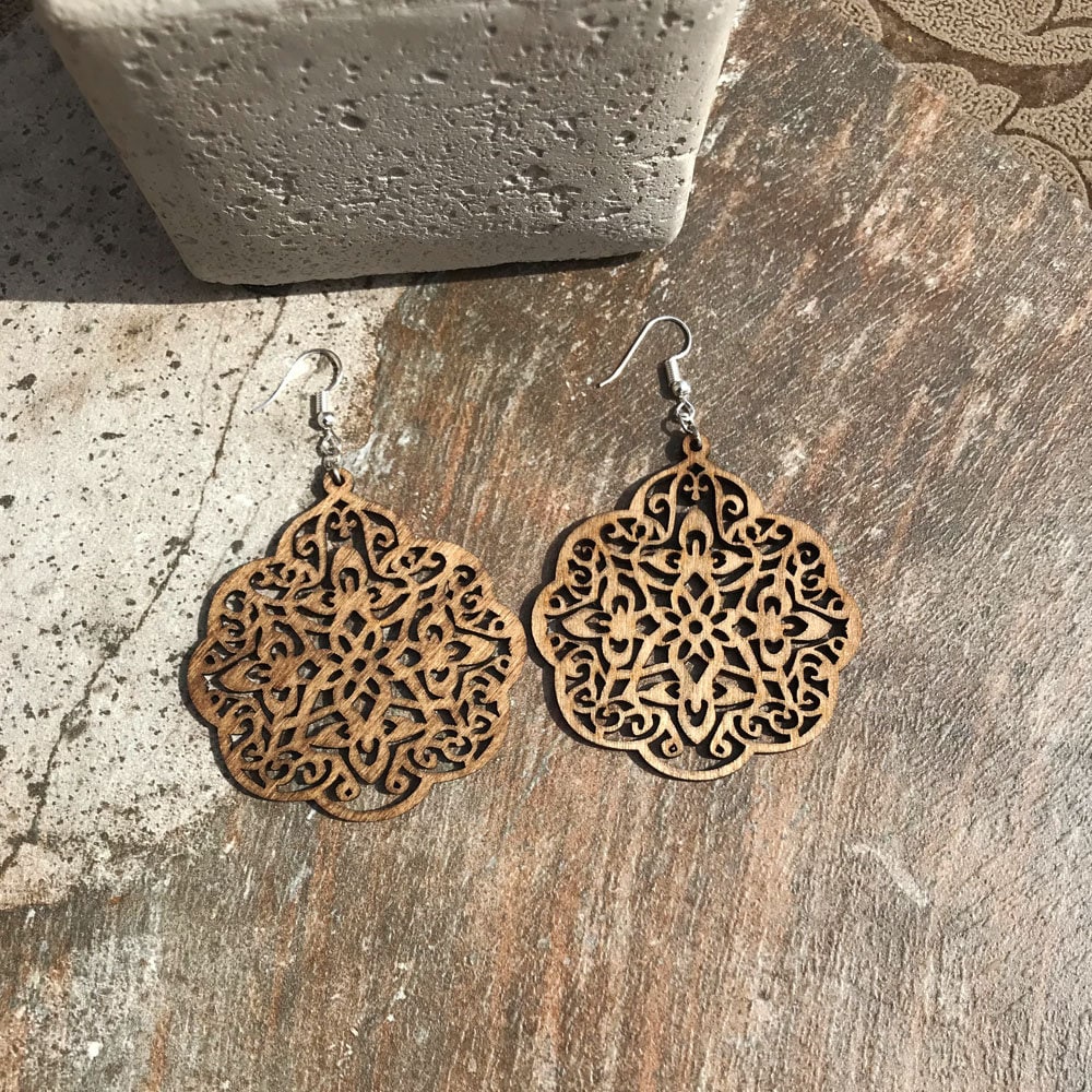 Bohemian Birch Wood Medallion Earrings, Natural Boho