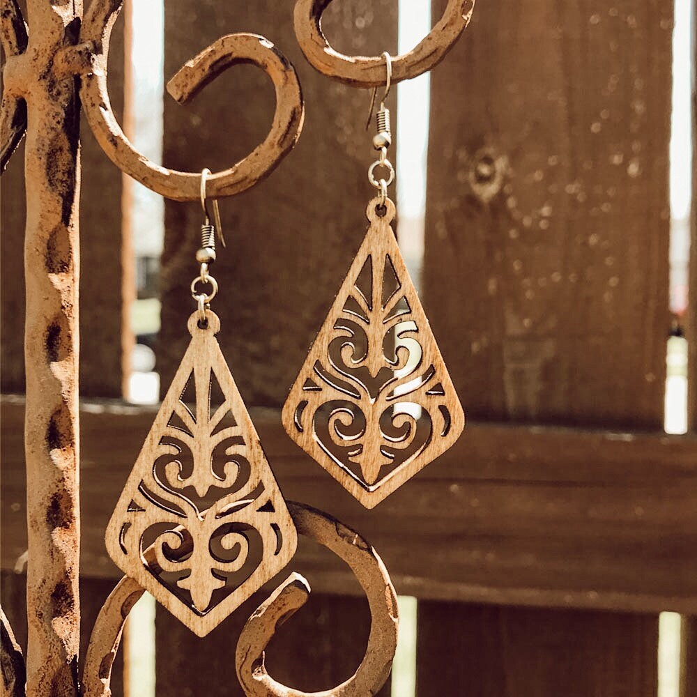 Long Diamond Birchwood Earrings, Natural laser cut wood earrings, Boho Style