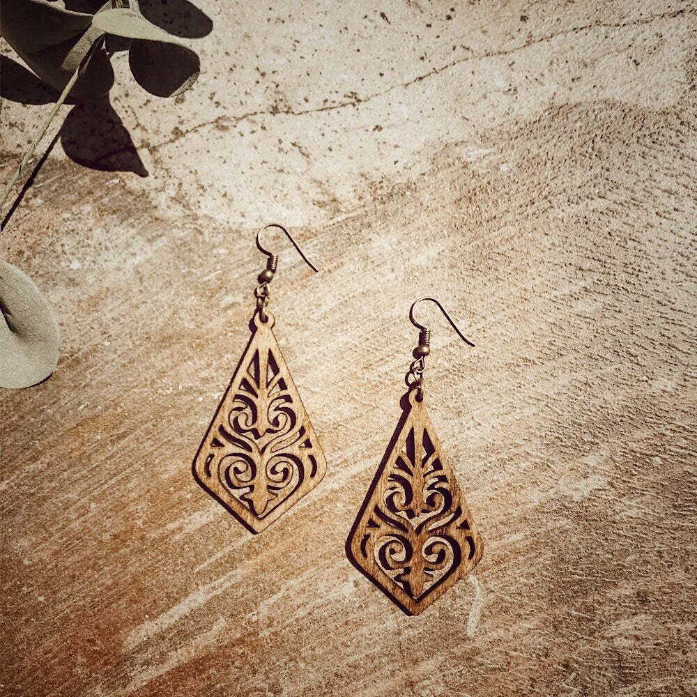 Long Diamond Birchwood Earrings, Natural laser cut wood earrings, Boho Style