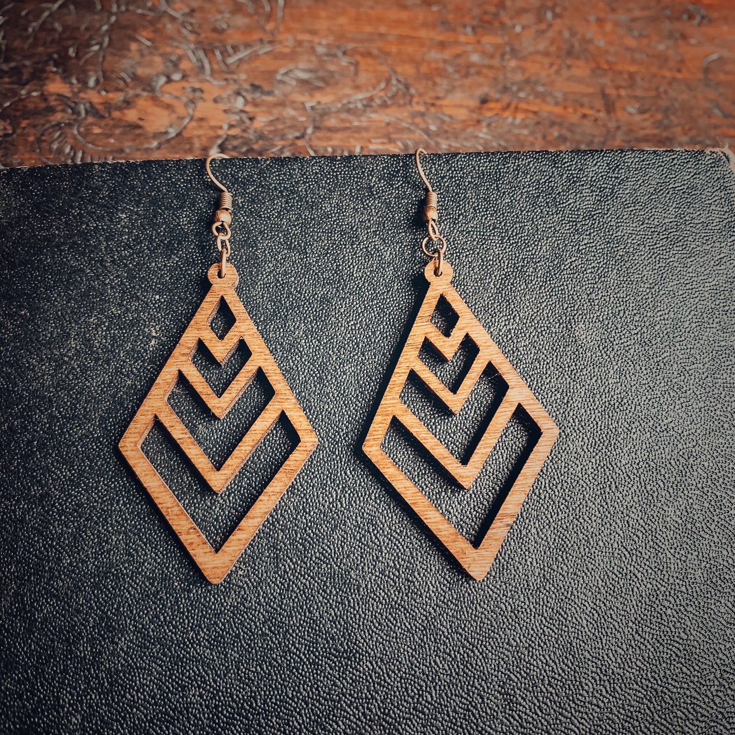 Long Diamond Chevron Birchwood Earrings, Natural, Boho Handmade Laser Cut