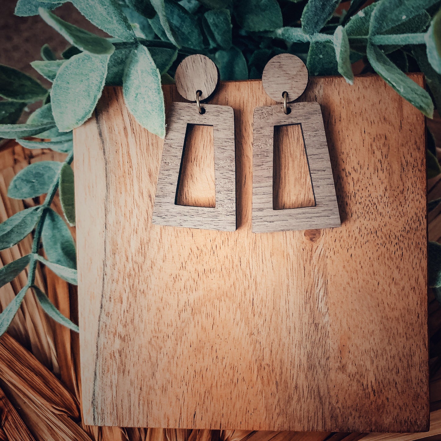 Walnut Wood Dangle Stud Earrings - Lightweight Boho Style