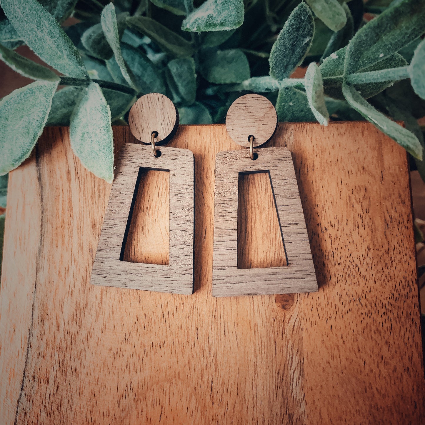 Walnut Wood Dangle Stud Earrings - Lightweight Boho Style