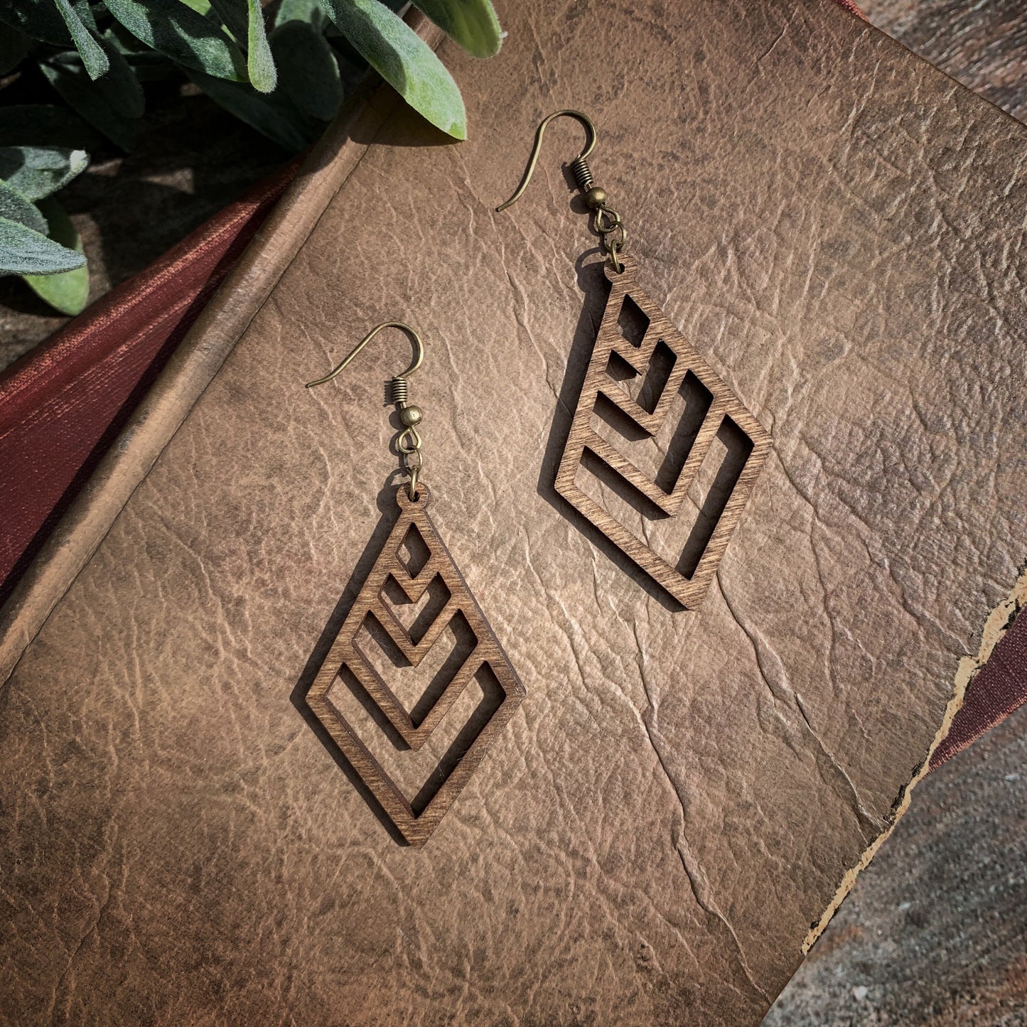 Long Diamond Chevron Birchwood Earrings, Natural, Boho Handmade Laser Cut