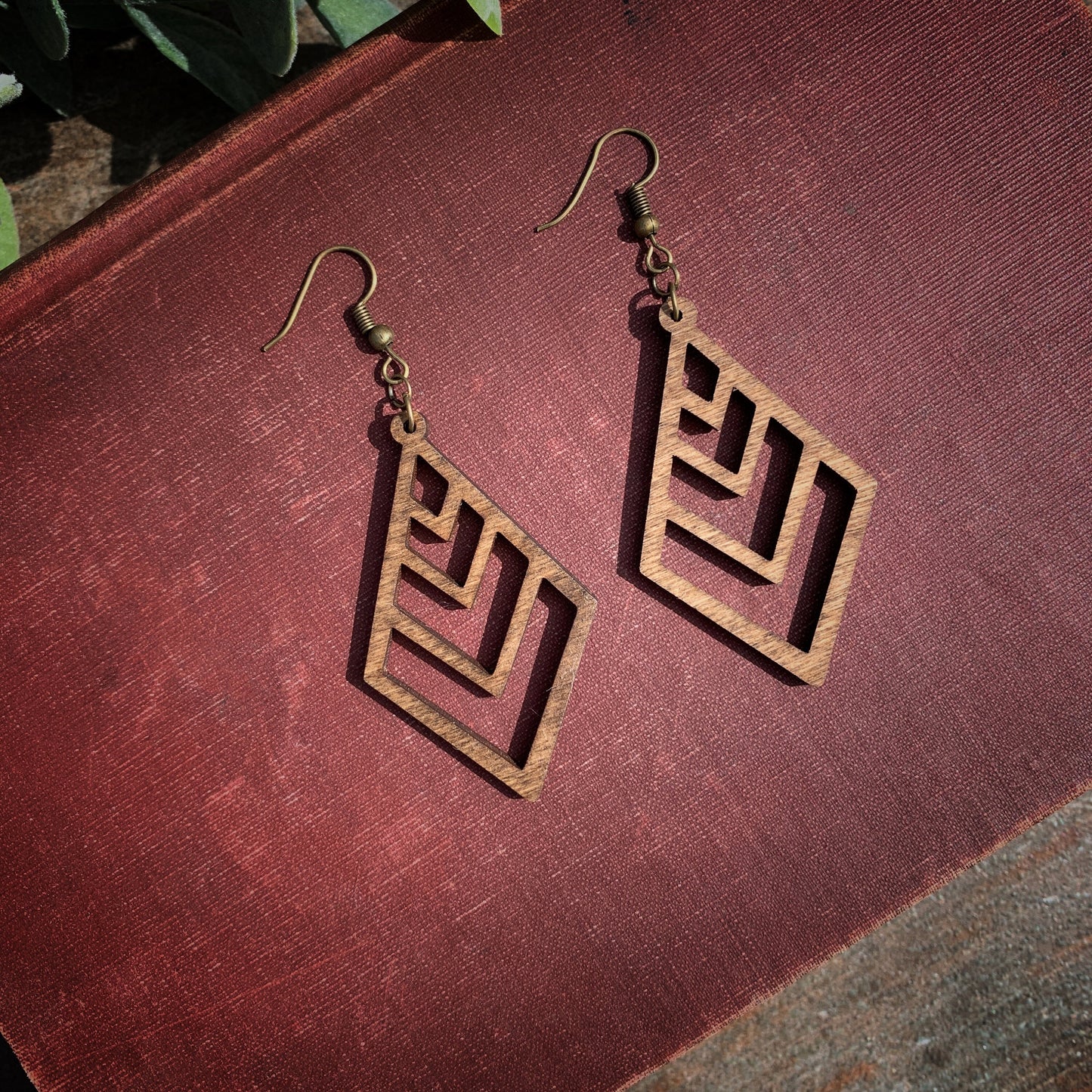 Long Diamond Chevron Birchwood Earrings, Natural, Boho Handmade Laser Cut