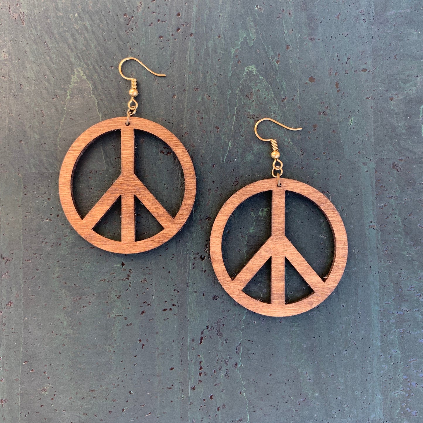 Wood Peace Sign Hoop Earrings, Natural Bohemian Jewelry