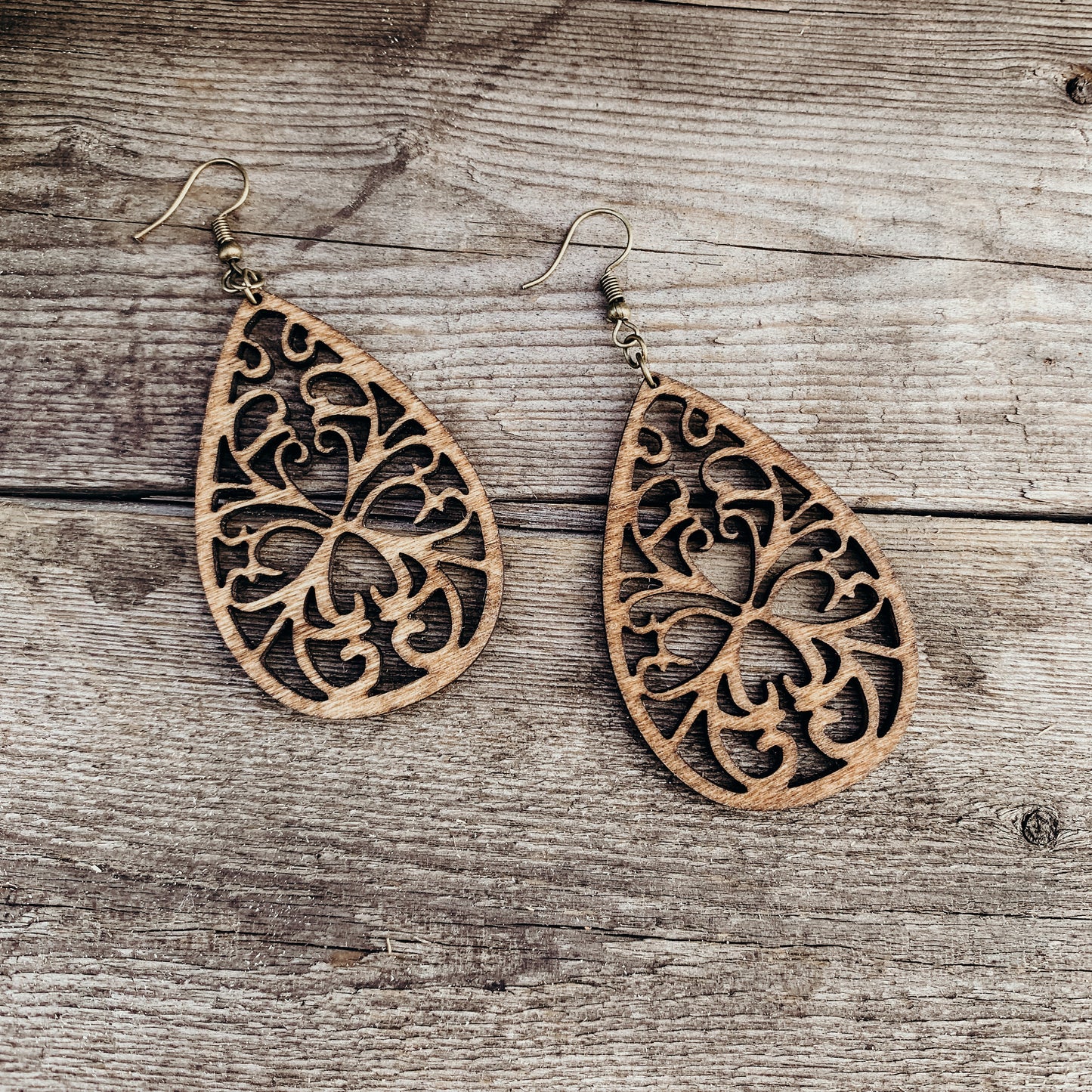 Lightweight Wood Teardrop Boho Earrings | Handcrafted Dark Stained Birch | Antique Bronze Hooks