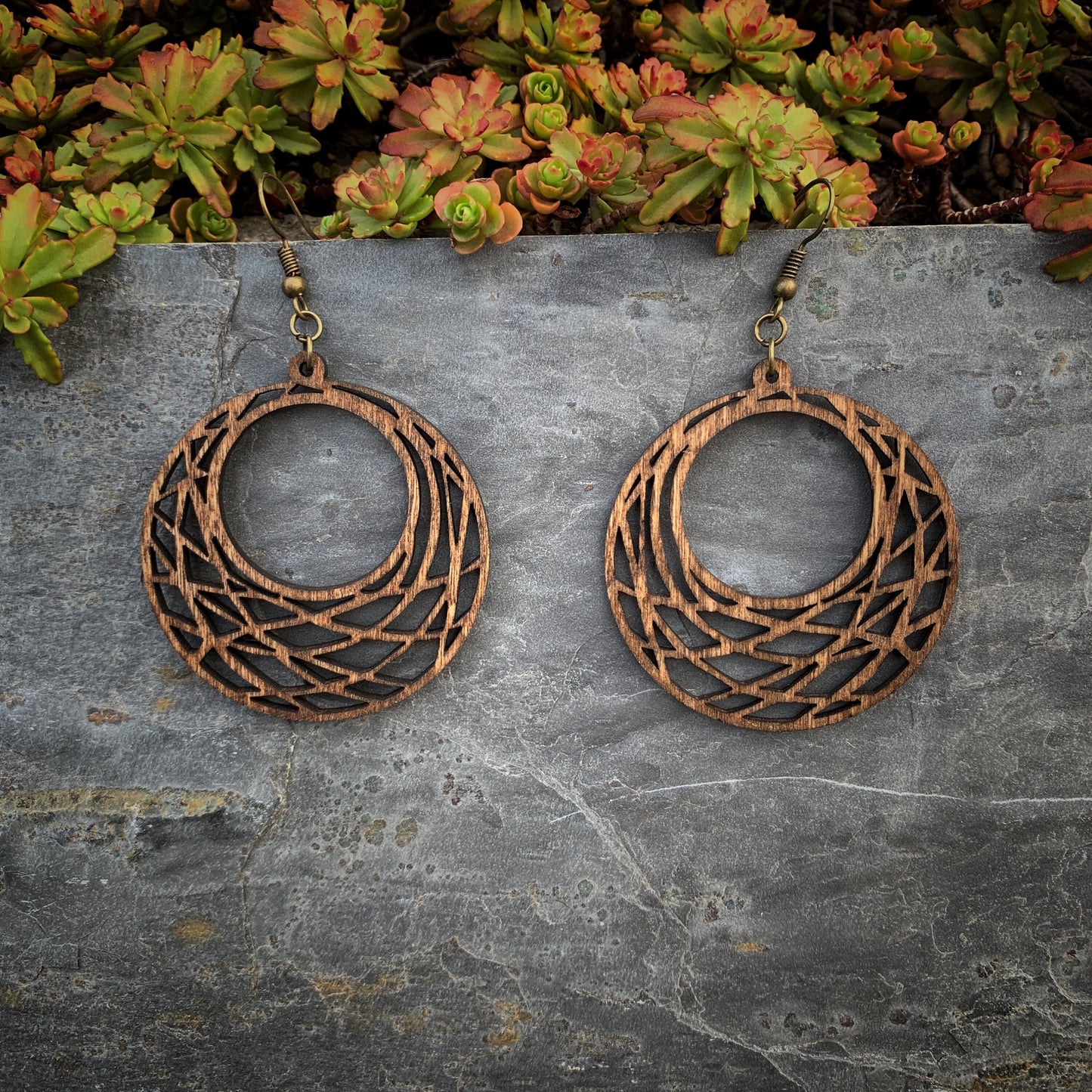 Laser Cut Geometric Earrings Lightweight Wood Boho Hoop Circle Earrings