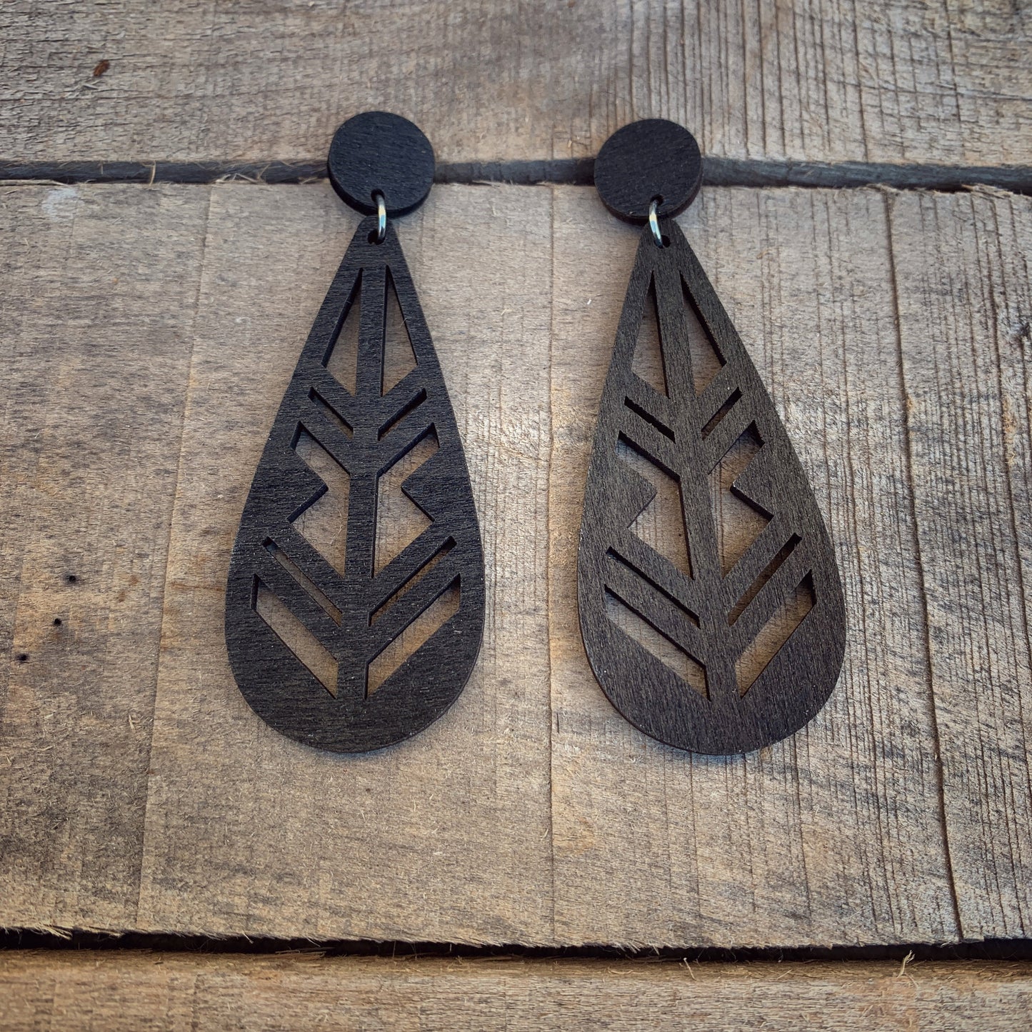 Black Wood Laser Cut Dangle Stud Earrings - Lightweight