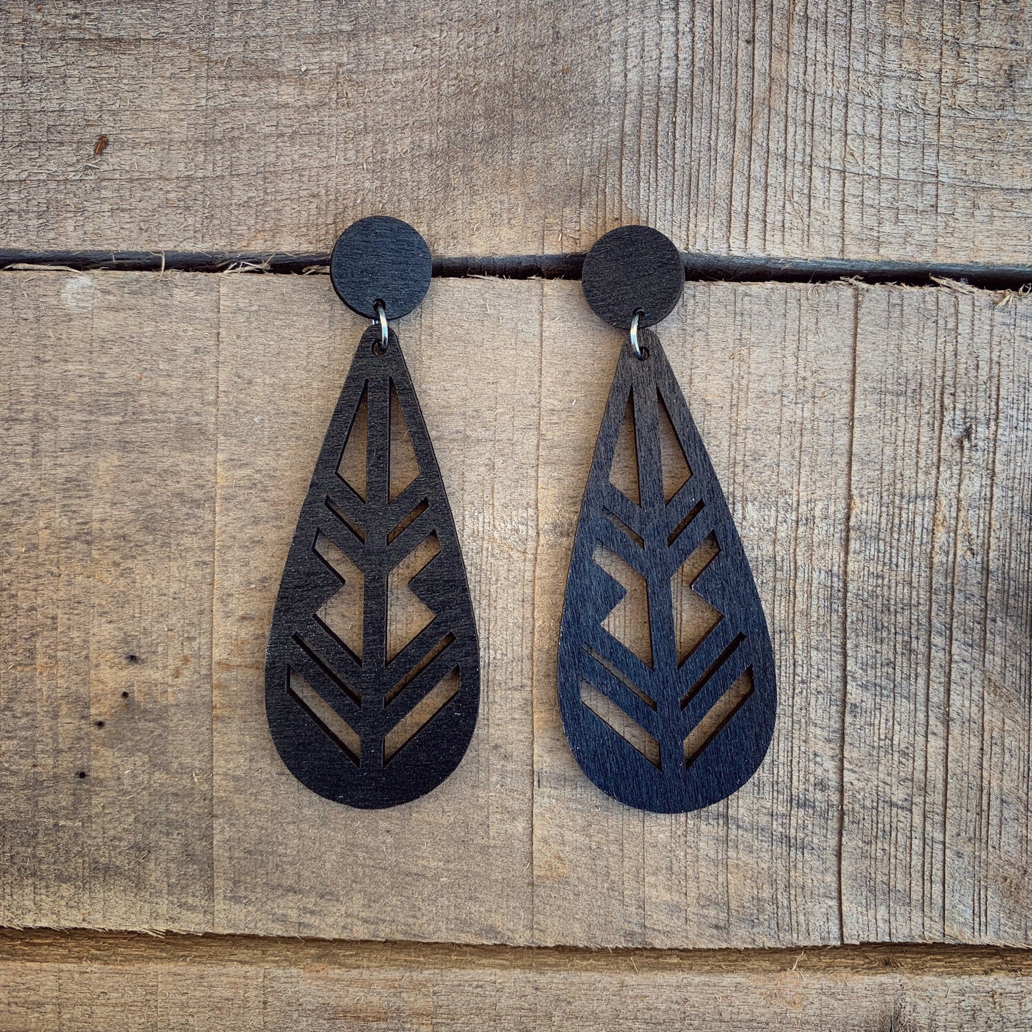 Black Wood Laser Cut Dangle Stud Earrings - Lightweight