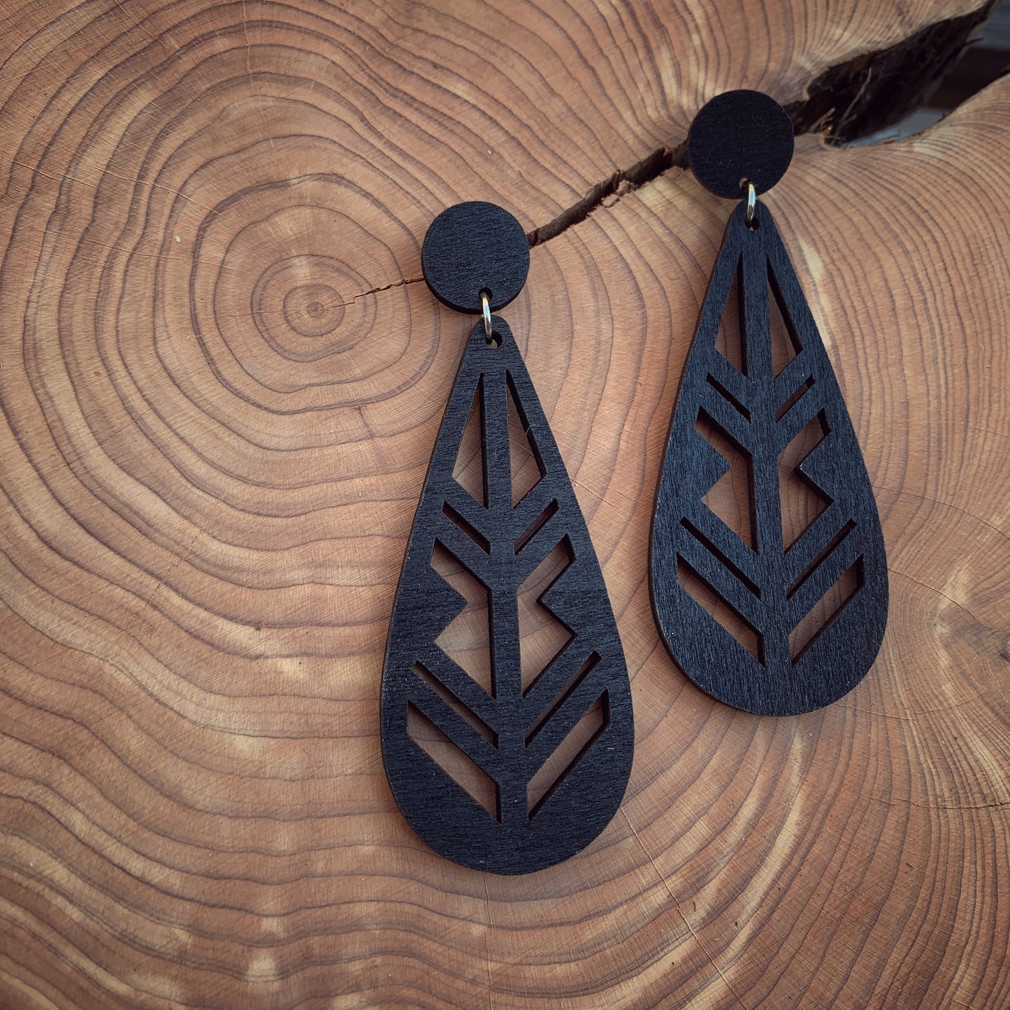 Black Wood Laser Cut Dangle Stud Earrings - Lightweight