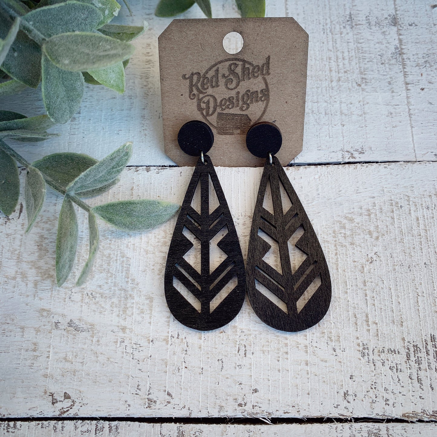 Black Wood Laser Cut Dangle Stud Earrings - Lightweight