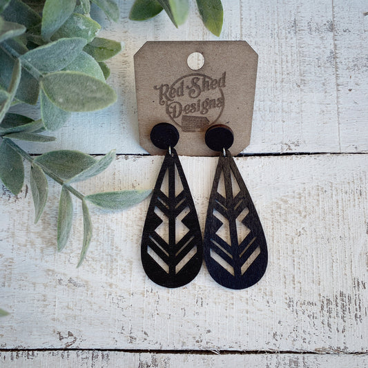 Black Wood Laser Cut Dangle Stud Earrings - Lightweight