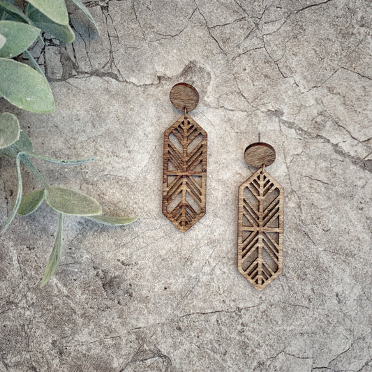 Geometric Dangle Stud Birch Wood Earrings - Lightweight - Boho Design