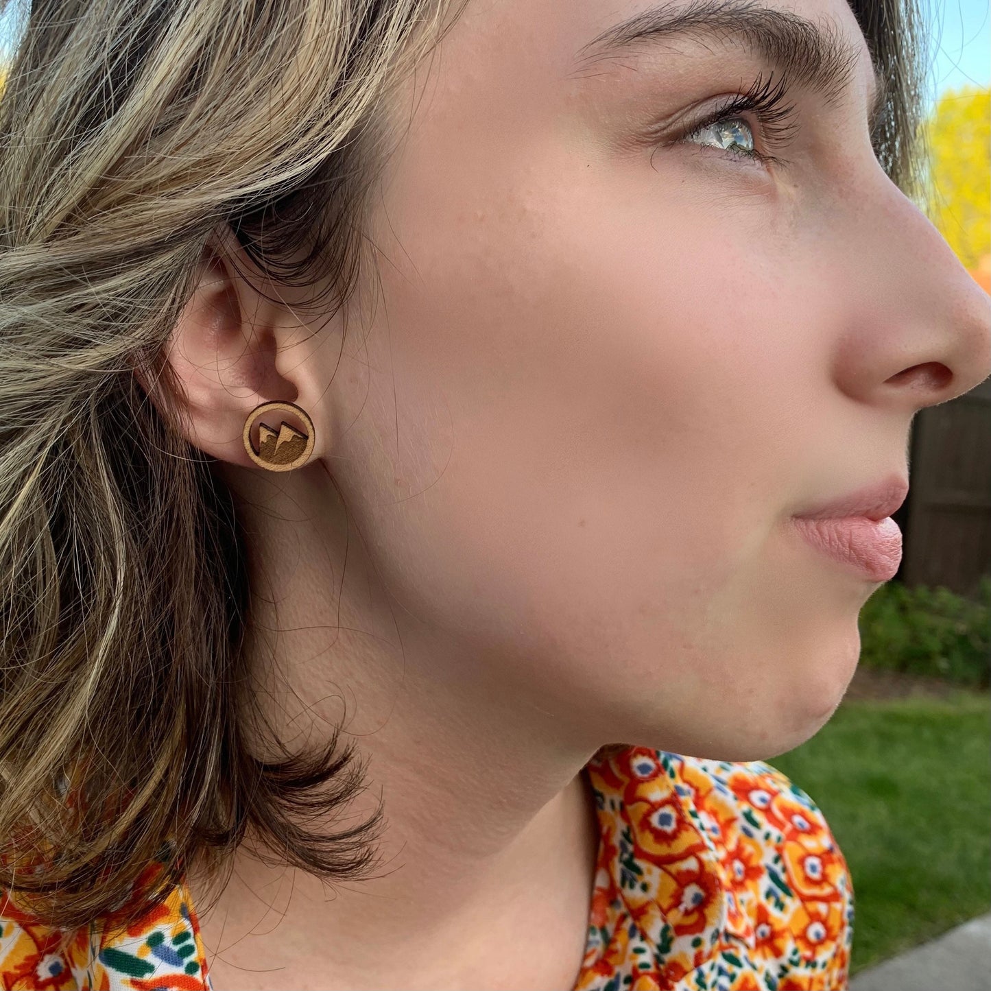 Twin Peaks Mountain Wood Round Stud Earrings - Mountain Life