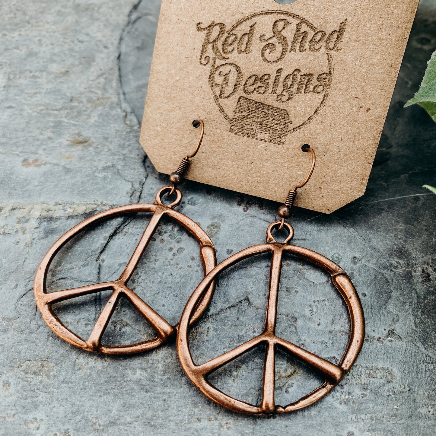 Antique Copper Metal Bohemian Peace Sign Earrings - Boho Hippie Style