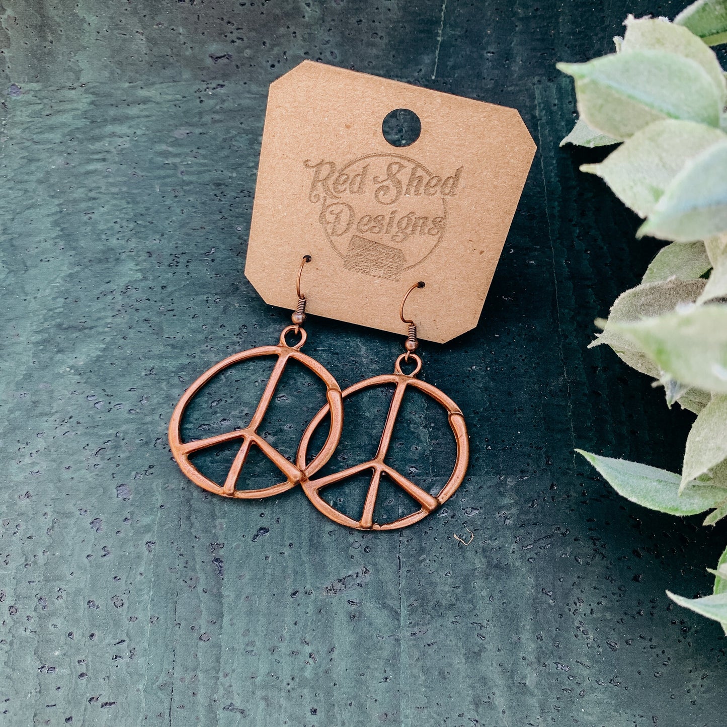 Antique Copper Metal Bohemian Peace Sign Earrings - Boho Hippie Style