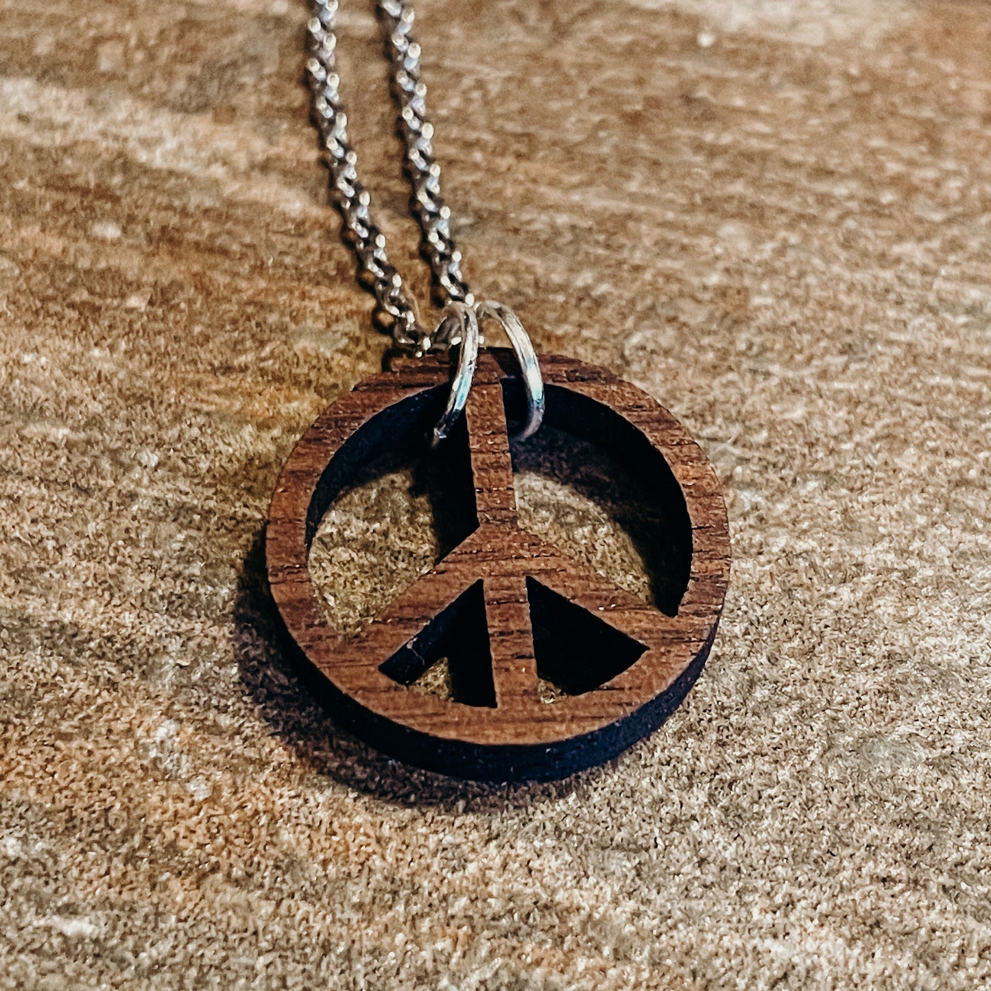 Walnut Wood Peace Sign Bohemian Necklace - Gypsy Hippie Style