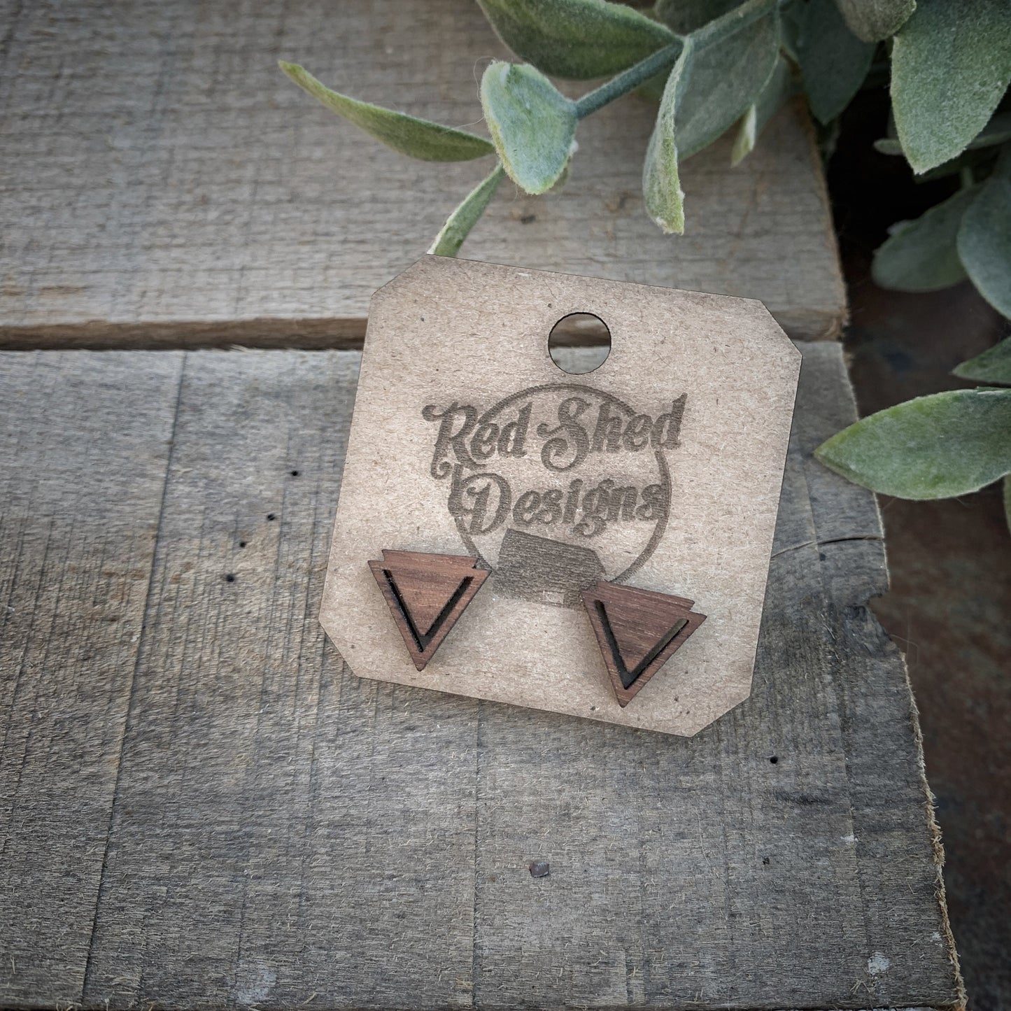 Geometric Triangle Walnut Wood Stud Earrings, Boho, Minimalist