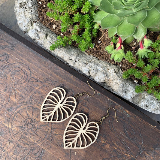 Natural Wood Monstera Leaf Earrings, Non-Stained Bohemian Jewelry - Lightweight